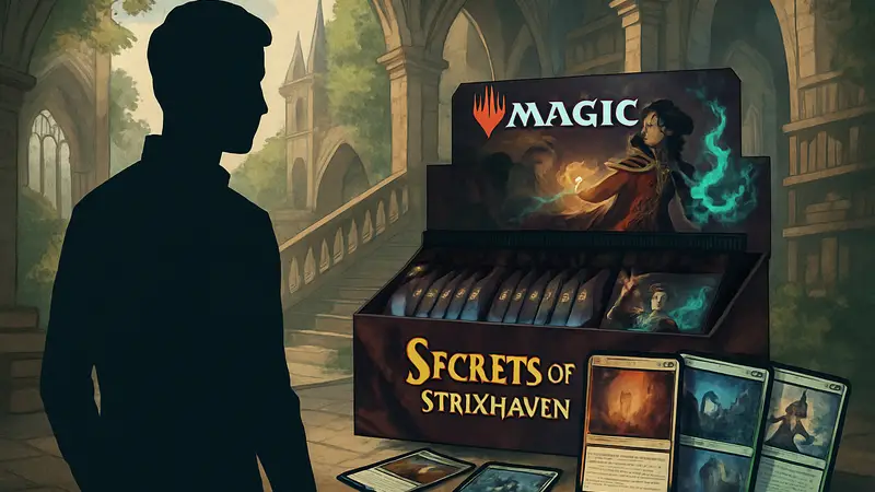 Набор Magic: The Gathering Secrets of Strixhaven с бустерными коробками и картами на фоне.