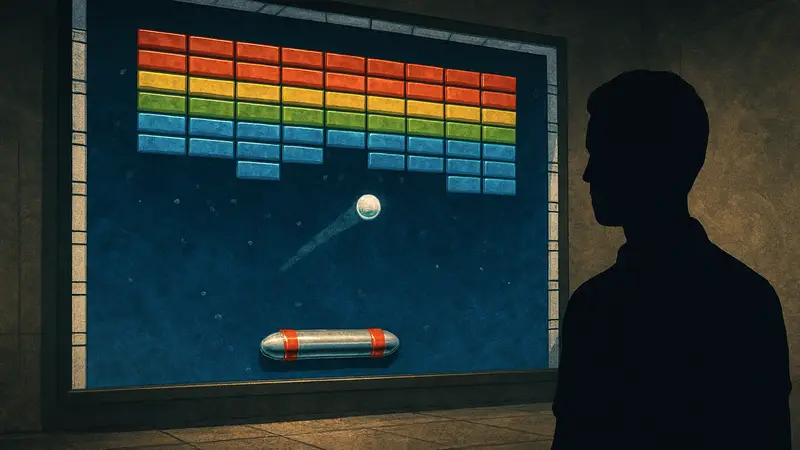 Игровой процесс Arkanoid, платформа и мяч разбивают блоки