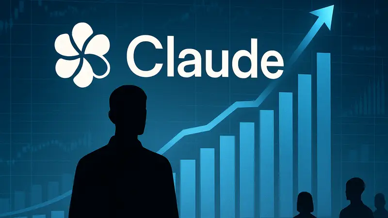 Логотип Claude на фоне цифровых графиков, показывающих рост пользовательской базы ИИ-сервисов Anthropic.
