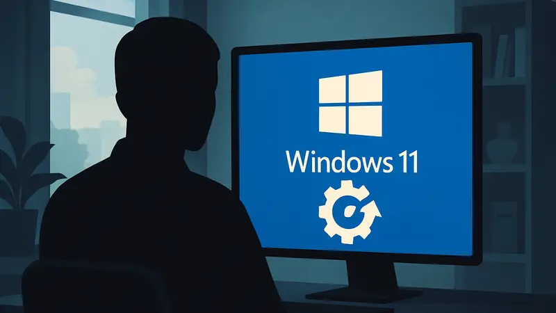 Логотип Windows 11 на фоне компьютера, символизирующий оптимизацию системы