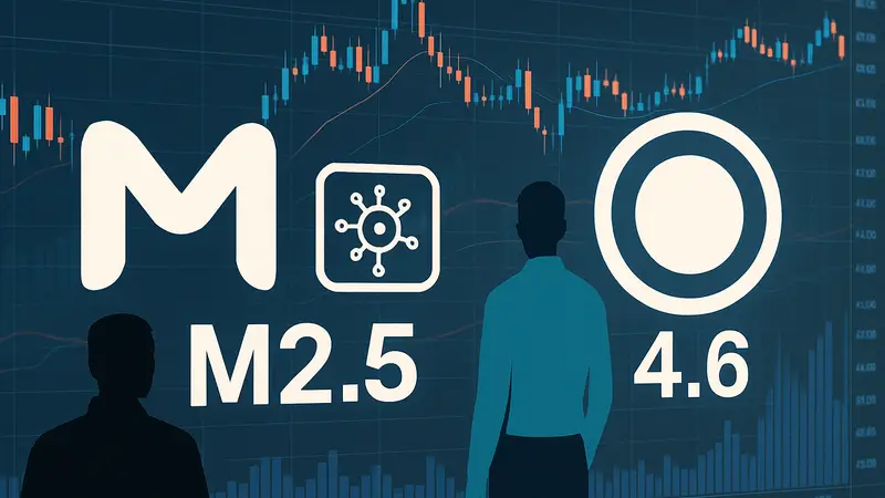 Логотип MiniMax с символом ИИ и надписью M2.5, сравниваемый с Claude Opus 4.6 на фоне финансовых графиков