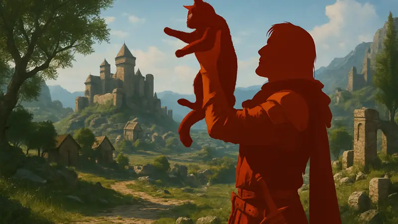 Персонаж Crimson Desert, поднимающий кота на руках, на фоне детализированного игрового мира.