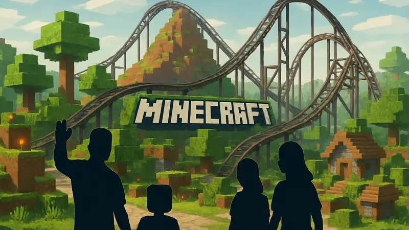 Концепт-арт тематического парка Minecraft World с американской горкой и знакомыми блоками.