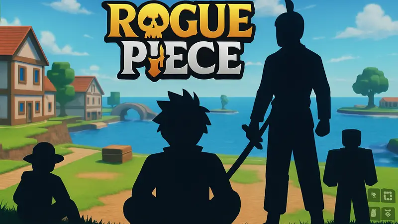 Логотип игры Rogue Piece на фоне скриншота из Roblox с персонажами и интерфейсом игры
