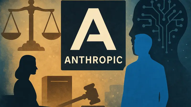 Логотип Anthropic на фоне символов юриспруденции и искусственного интеллекта.
