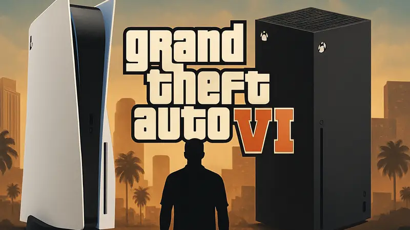 Логотип Grand Theft Auto 6 на фоне консолей PlayStation 5 и Xbox Series X.
