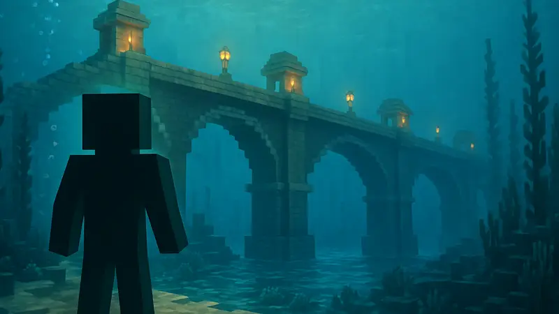 Скриншот подводного моста, построенного игроком в Pokemon Pokopia