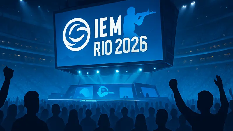 Логотип IEM Rio 2026 на киберспортивной арене, окруженный фанатами