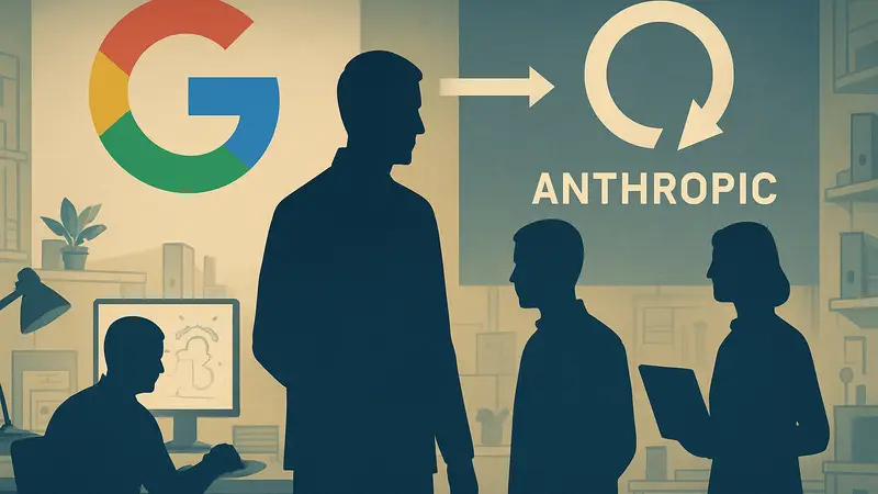 Исследователи, работающие над проектом AI, на фоне логотипов Google и Anthropic, символизирующих переход.