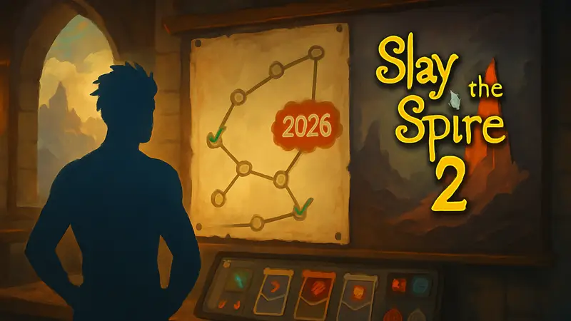 Изображение с элементами интерфейса Slay the Spire 2 и логотипом игры, символизирующее дорожную карту обновлений на 2026 год.