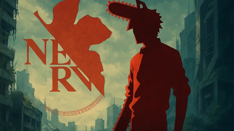 Денджи из Chainsaw Man на фоне символики Neon Genesis Evangelion.