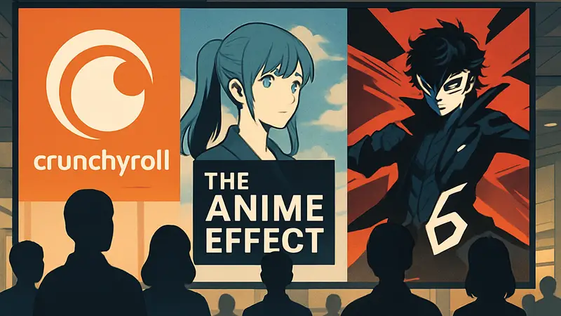 Логотип Crunchyroll и The Anime Effect с элементами аниме и Persona 6