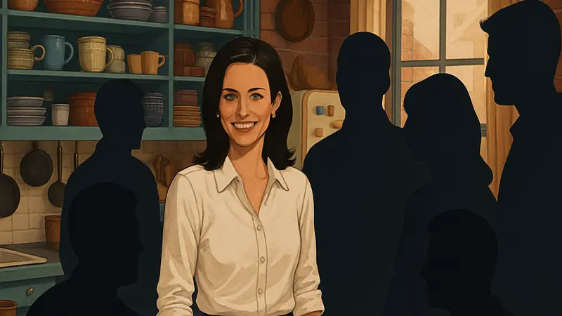 Моника Геллер из сериала "Друзья" улыбается на кухне, окруженная друзьями