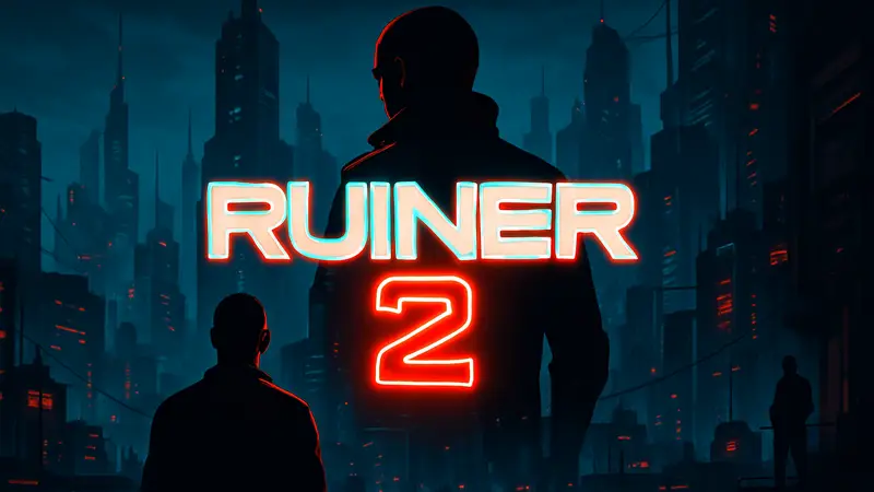 Логотип Ruiner 2 с неоновыми элементами, на фоне футуристический город, символизирующий киберпанк стилистику игры.