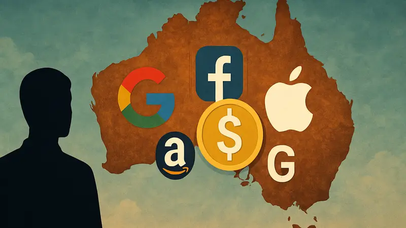 Карта Австралии с наложенными на неё логотипами крупных технологических компаний и знаком доллара, символизирующая новый закон о плате за новости.