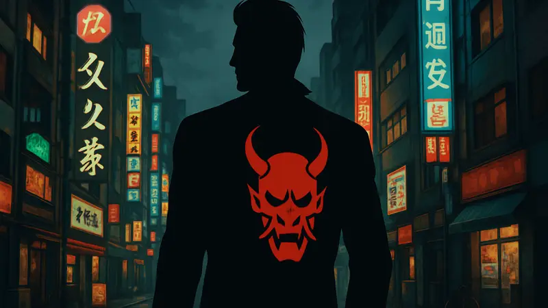 Главный персонаж из Yakuza Kiwami 3, возможно, с символикой игры Dark Ties.