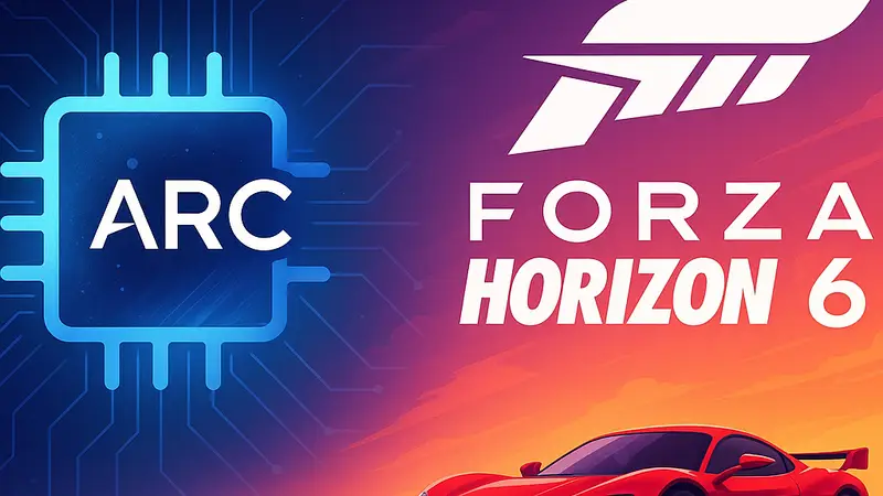 Изображение логотипа Intel Arc рядом с логотипом Forza Horizon 6, символизирующее интеграцию iGPU в игровые системы.