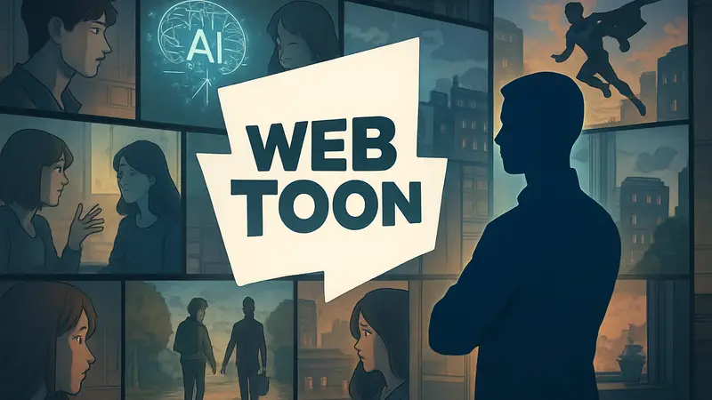 Логотип Webtoon на фоне цифровых комиксов, символизирующий ИИ-локализацию.