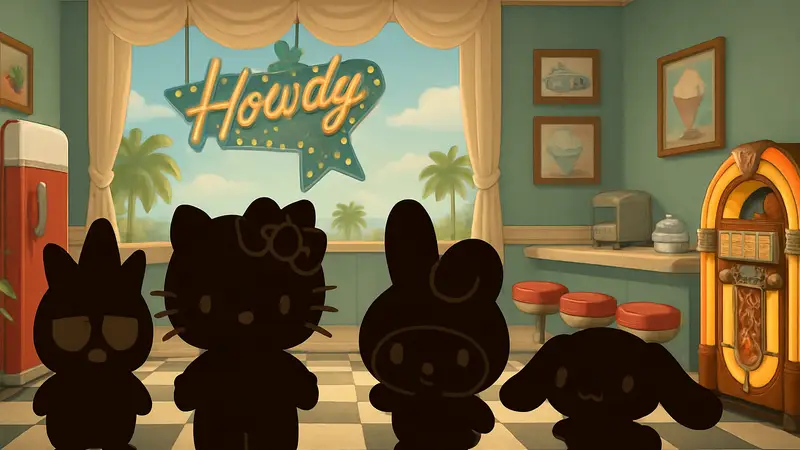 Hello Kitty Island Adventure: персонажи Sanrio на фоне ретро-декора 50-х годов.