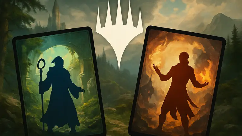 Карты Magic: The Gathering из серии Universes Beyond с фэнтези-персонажами на фоне логотипа. Волшебники.