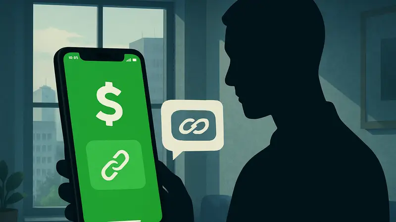 Интерфейс мобильного приложения Cash App с иконкой платежной ссылки и сообщением в DM