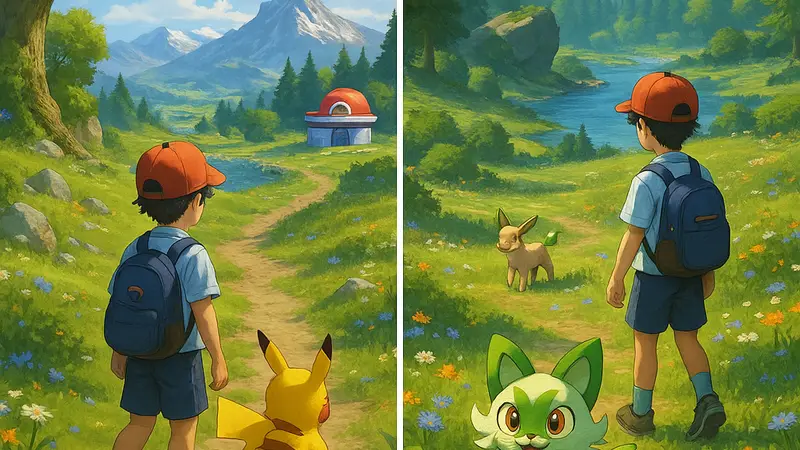 Предполагаемые скриншоты или концепт-арты Pokémon Gen 10, демонстрирующие улучшенную графику и детализацию окружающей среды.