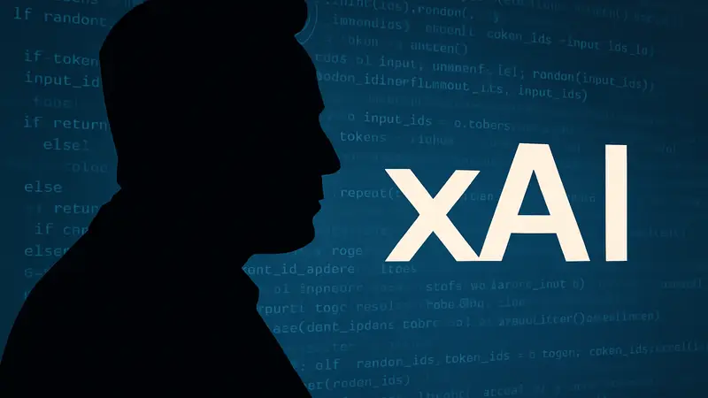 Илон Маск и логотип xAI на фоне кода, символизирующего разработку ИИ для программирования.