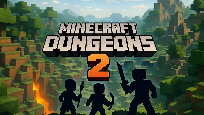 Логотип Minecraft Dungeons 2 на фоне кубического мира