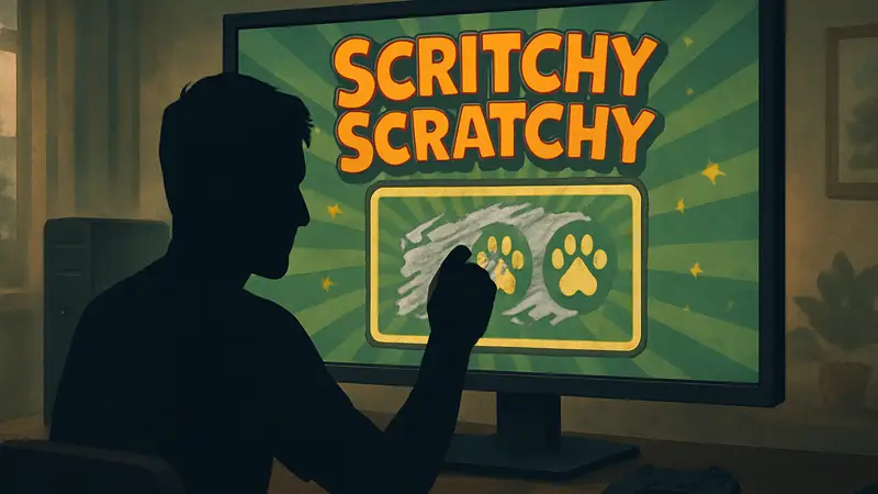 Игровой экран Scritchy Scratchy с имитацией стираемого лотерейного билета.