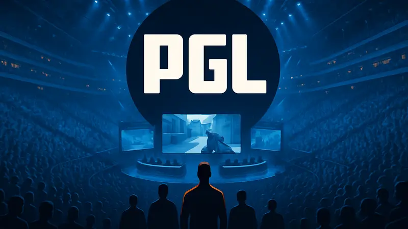 Логотип PGL на фоне киберспортивной арены, анонс инвестиций в $22 млн на 2027-2028 годы.