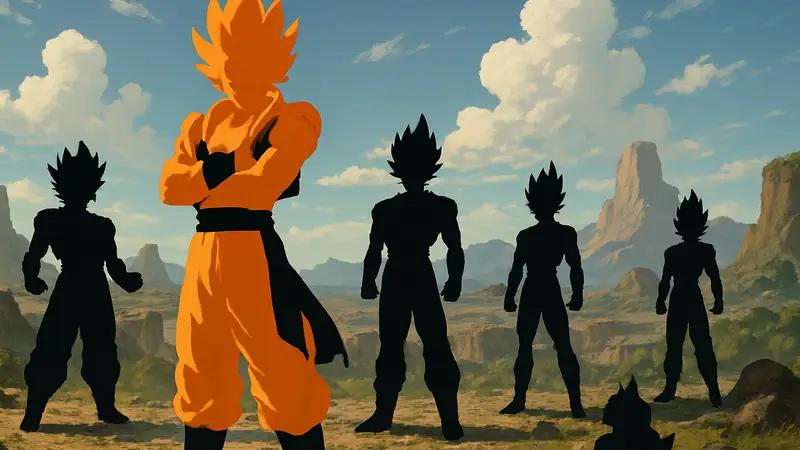 Изображение могущественных слияний из Dragon Ball, возможно Гогета или другие фузии.