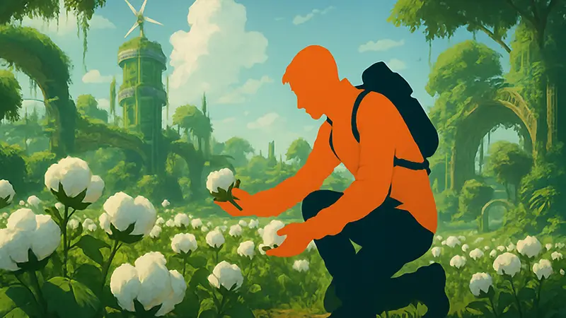 Игрок собирает хлопок в Solarpunk, демонстрируя процесс добычи ключевого ресурса для крафта ткани.