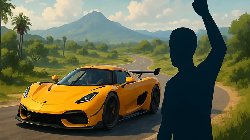 Спортивный автомобиль мчится по дороге в Forza Horizon 6, символизируя успешный заработок кредитов.
