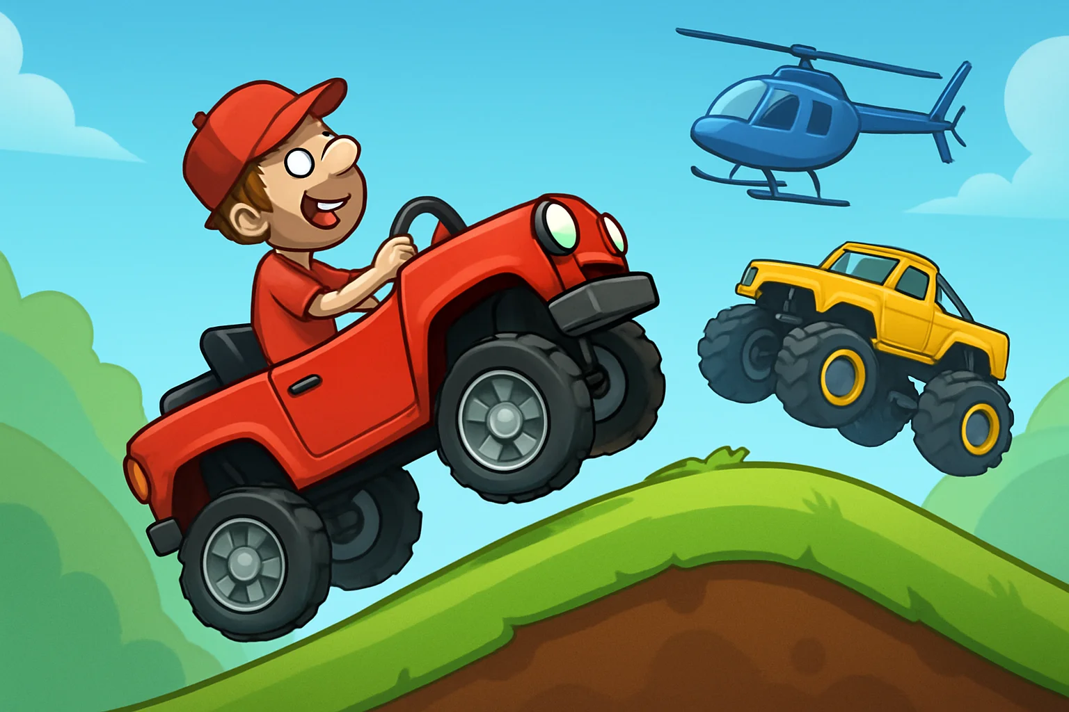 Логотип или игровой скриншот Hill Climb Racing с транспортными средствами
