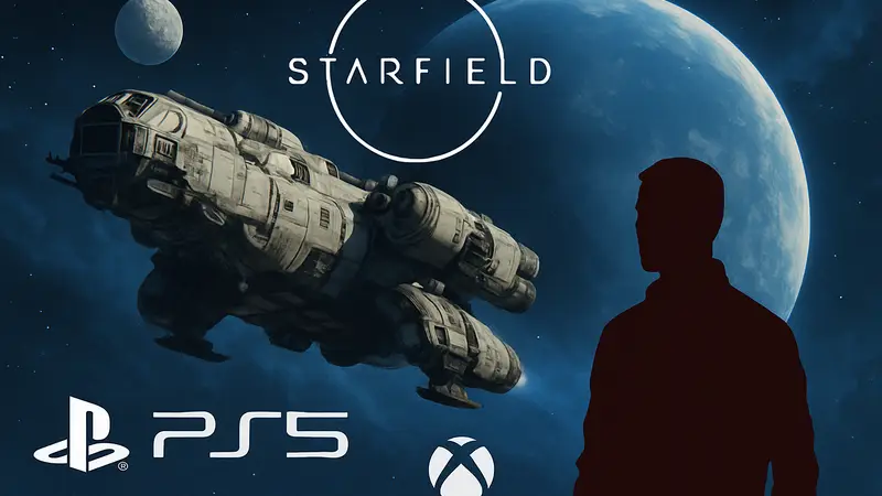 Обложка игры Starfield с космическим кораблем и планетой, логотипы PS5 и Xbox.