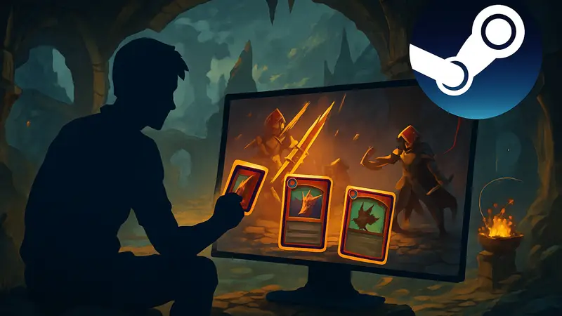 Игровой процесс Slay the Spire 2, карточная игра с элементами рогалика, логотип Steam.