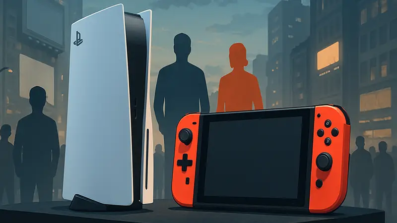 Игровые консоли PlayStation 5 и Nintendo Switch 2 рядом, символизирующие конкуренцию на рынке продаж.