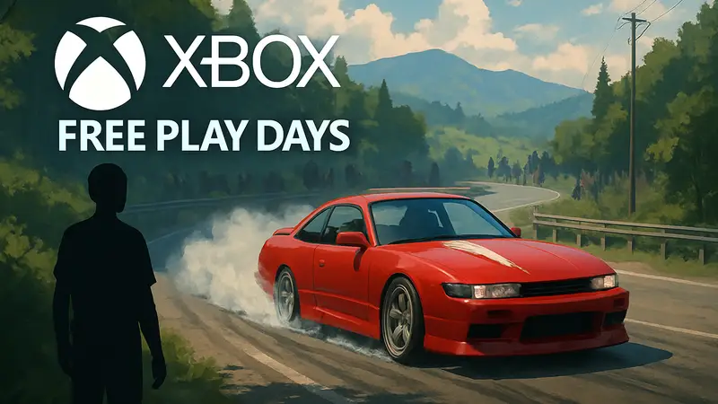 Логотип Xbox Free Play Days и изображение автомобиля из JDM: Japanese Drift Master