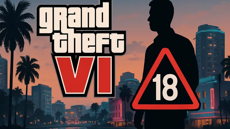 Логотип GTA 6 на фоне Vice City, с предупреждающим знаком о возрастных ограничениях