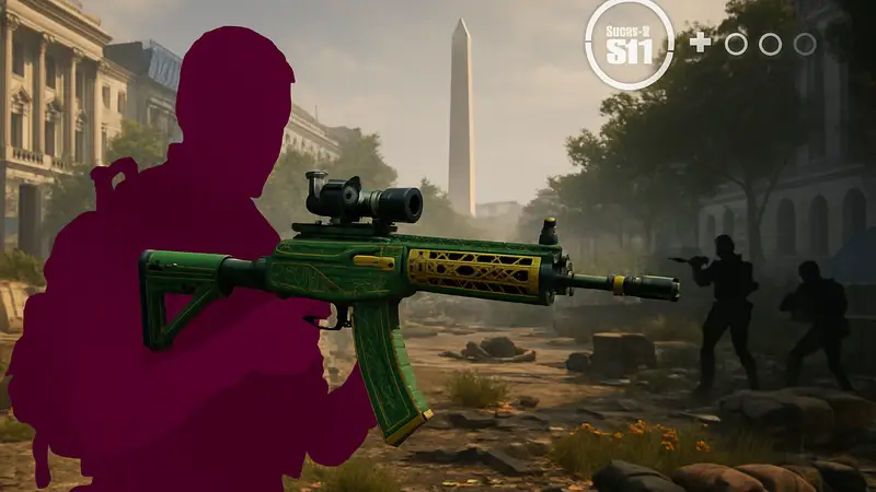 Игровой скриншот The Division 2 с новым редким оружием и элементами интерфейса.