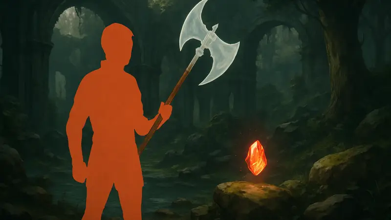 Игрок держит Призрачную Алебарду в Esoteric Ebb, рядом блестит самоцвет Яцинт.