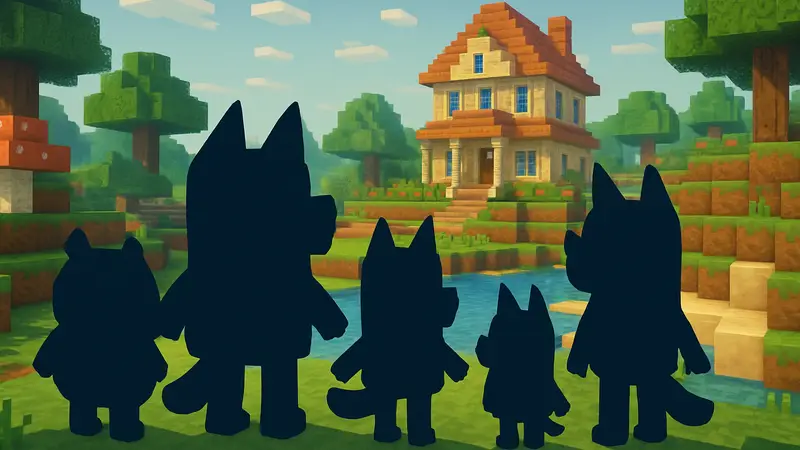 Обложка кроссовера Minecraft и Bluey, демонстрирующая героев мультсериала в кубическом стиле игры.