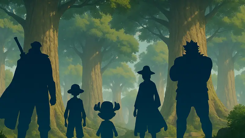 Изображение персонажей из аниме One Piece на фоне гигантских деревьев Эльбафа