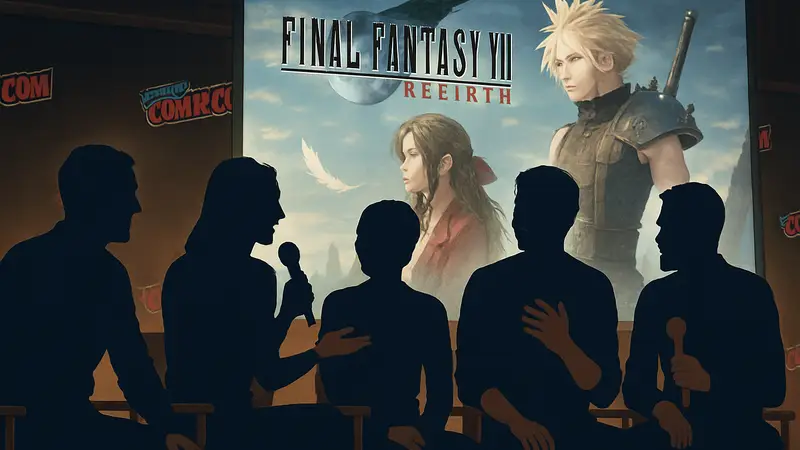Актеры озвучания Final Fantasy VII Revelation на панели NYCC, улыбающиеся и общающиеся.