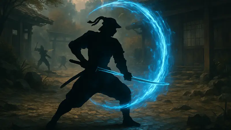 Самурай в Nioh 3 выполняет Ki Pulse во время боя, эффект синей энергии.