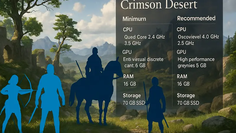 Скриншот из игры Crimson Desert с фэнтезийным пейзажем и героями, на фоне видны системные требования для ПК.
