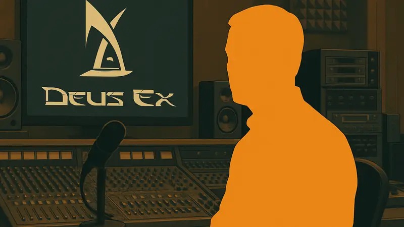 Композитор Deus Ex Александр Брэндон и логотип игры на фоне аудиооборудования.
