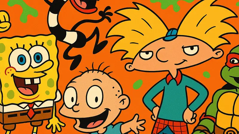 Обложка Nickelodeon Splat Pack, на которой изображены персонажи SNES-игр Nickelodeon в ретро-стиле.