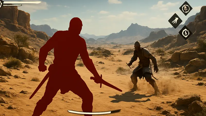 Скриншот из игры Crimson Desert с персонажем в пустыне, показывающий элементы интерфейса и боя.