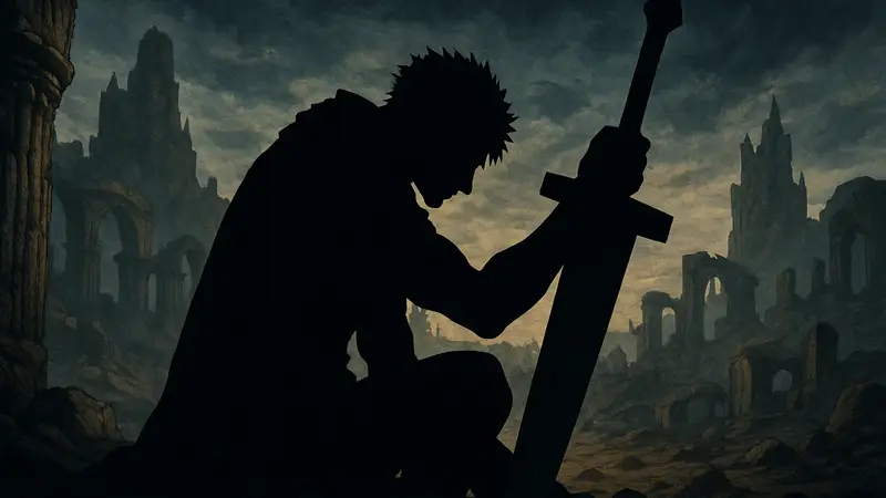 Изображение Гатса из манги Berserk на мрачном фоне, символизирующее его тяжелое положение в 43 томе.